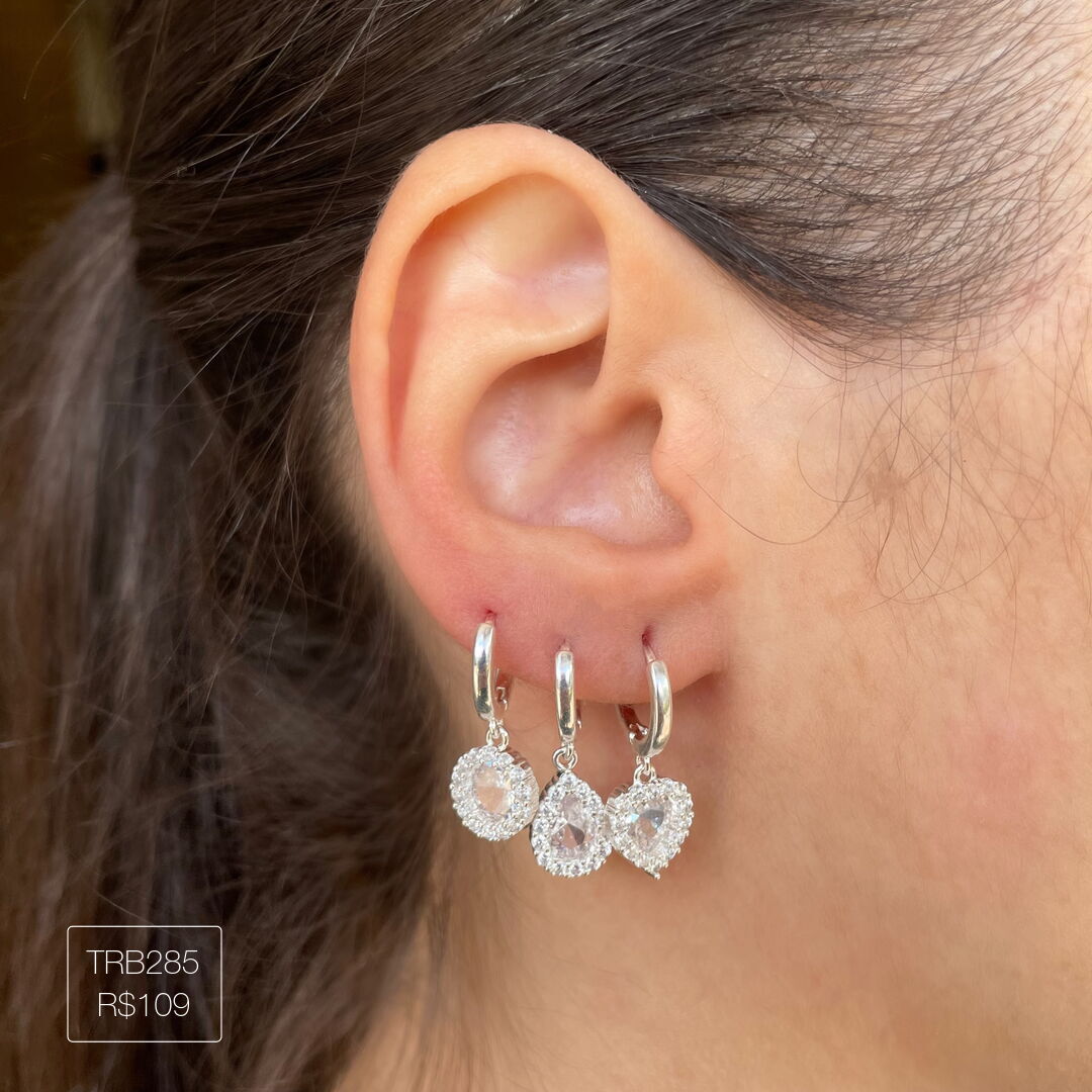 Trio Argola Gota + Coração + Red Cristal Cravejado Cristal Prateado